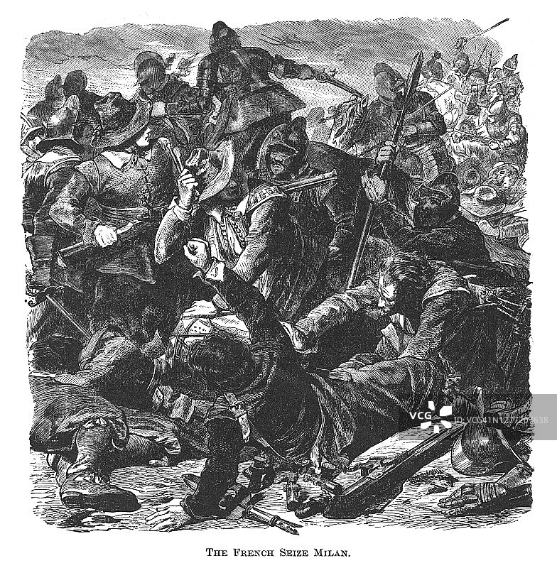 法国军队征服米兰的雕刻插画图片素材
