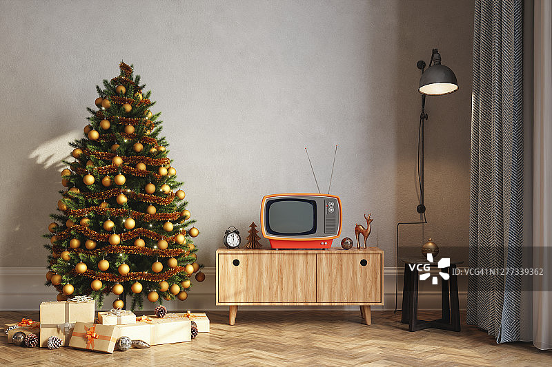 有圣诞树和礼物的复古风格客厅图片素材