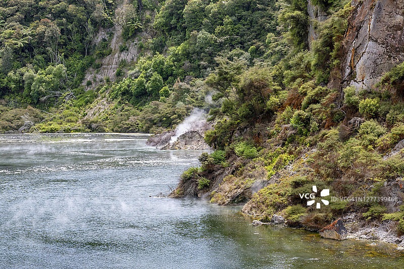 新西兰托卡努地热池冒出的蒸汽图片素材