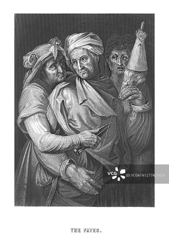 希腊罗马神话中命运三女神的古董插画图片素材
