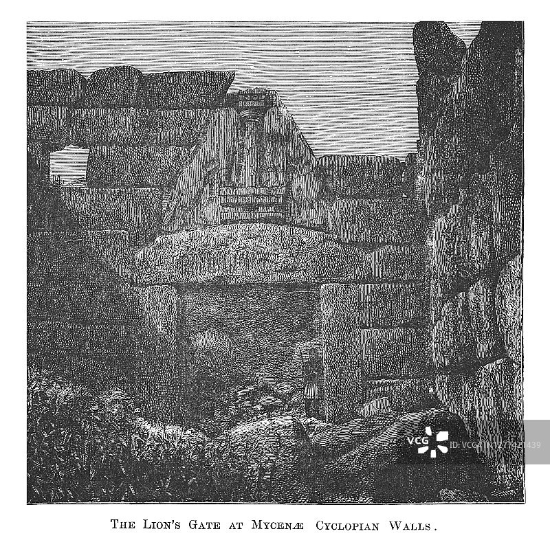 巨石独眼石工建筑：迈锡尼建筑 - 希腊建筑（古版画）图片素材