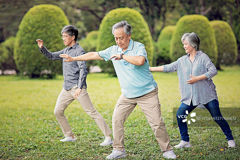 亚洲中年朋友在公园里练习太极拳图片素材