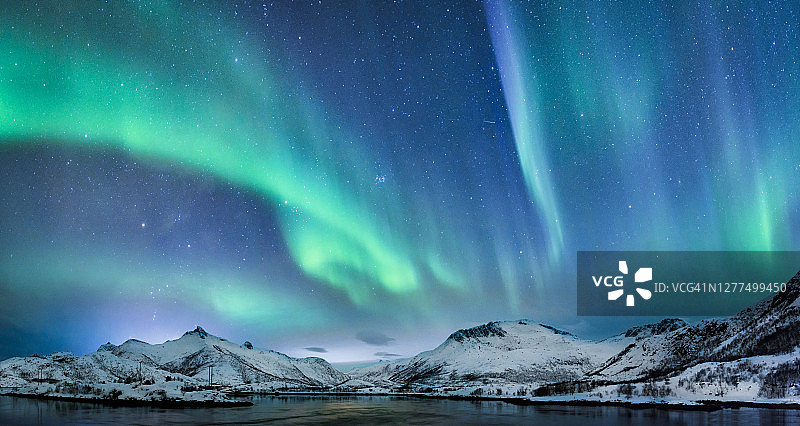 罗弗敦群岛雪山上的北极光夜景图片素材