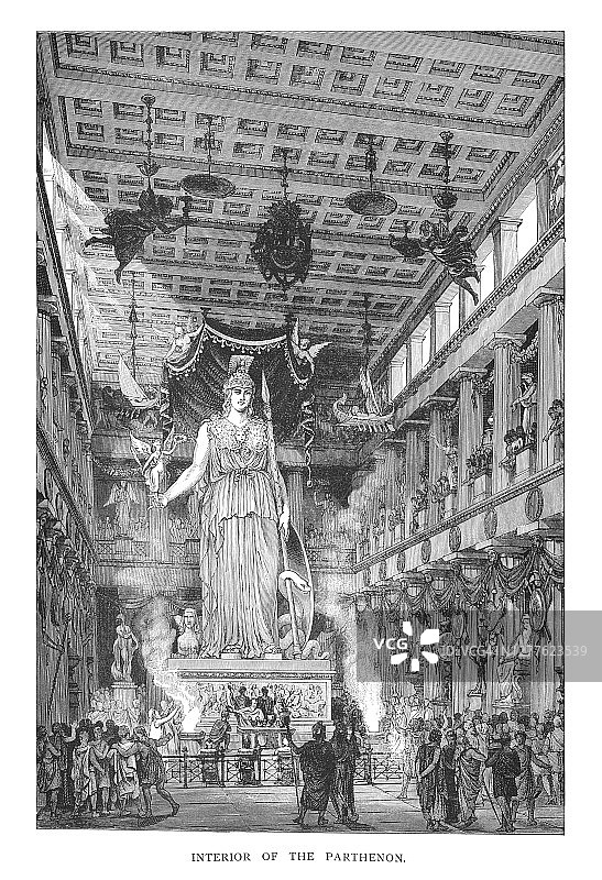 雅典卫城帕特农神庙内部重建复古雕刻插图图片素材