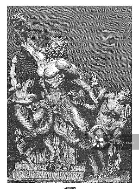 拉奥孔及其子与蛇搏斗的希腊雕塑古版画图片素材