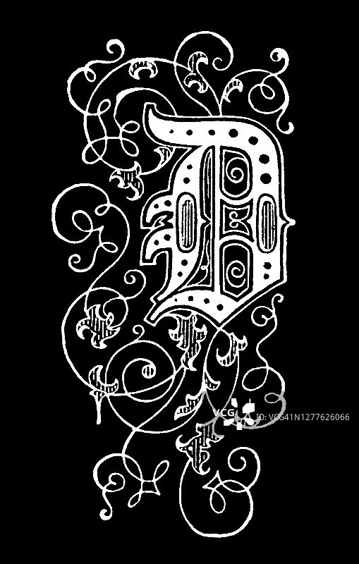 字母D装饰图案的复古雕刻插图图片素材