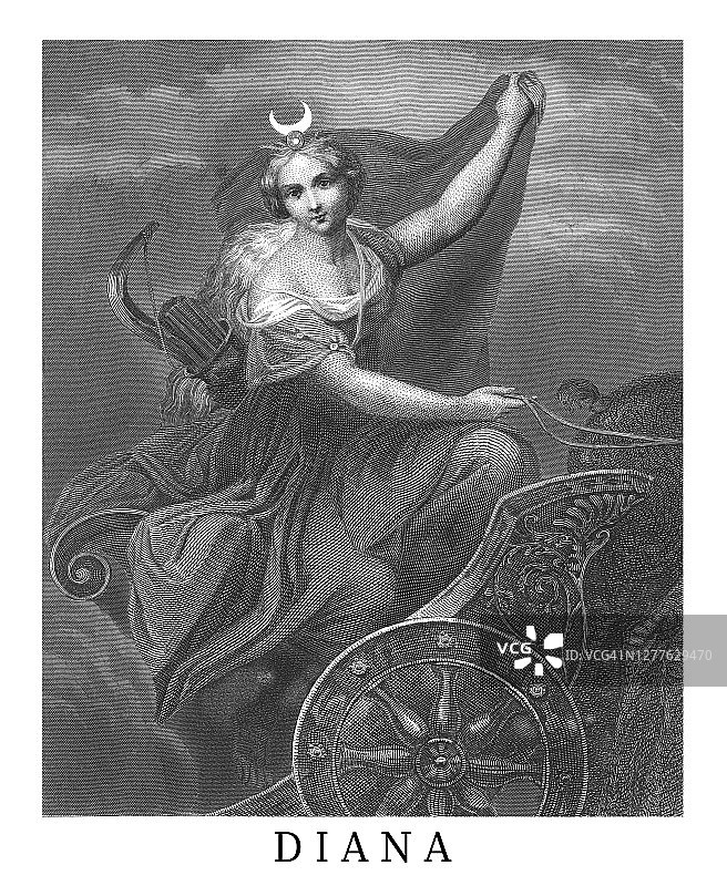 罗马女神狄安娜或希腊女神阿耳忒弥斯的古老雕刻插图图片素材