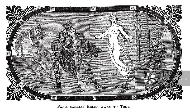 巴黎将海伦带到特洛伊的古老雕刻插图图片素材