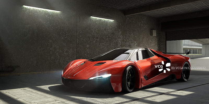 停在空车库里的普通红色跑车图片素材