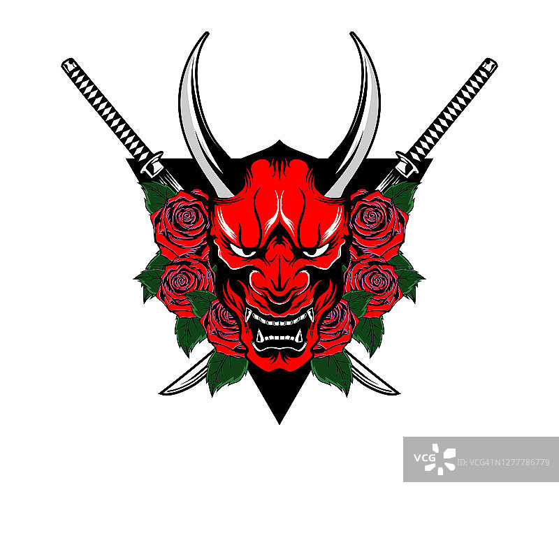 三角形和玫瑰中的日本鬼般若面具纹身图片素材