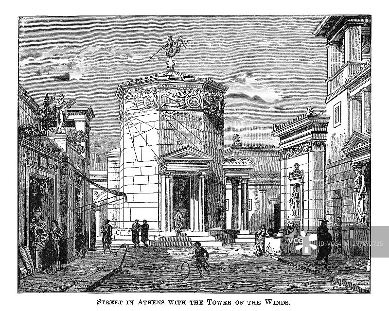 雅典风之塔街道古老雕刻插图图片素材