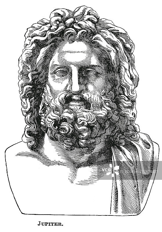 罗马神话中众神之王朱庇特的古老雕刻插图图片素材