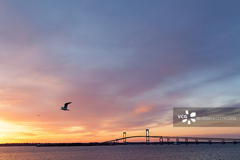 纳拉甘西特湾的日落，背景是海鸥和纽波特大桥图片素材