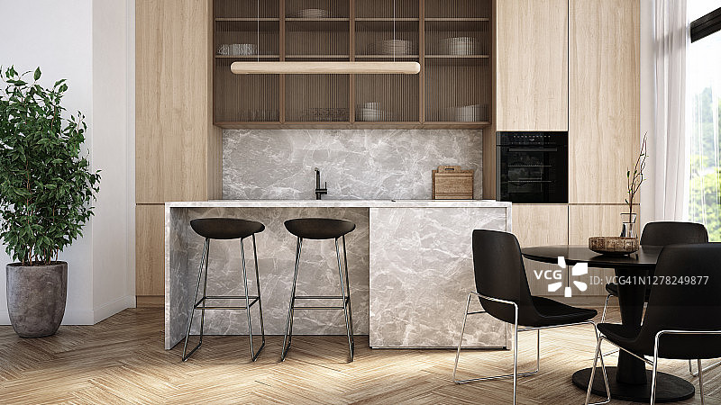 现代厨房和餐厅室内设计图图片素材