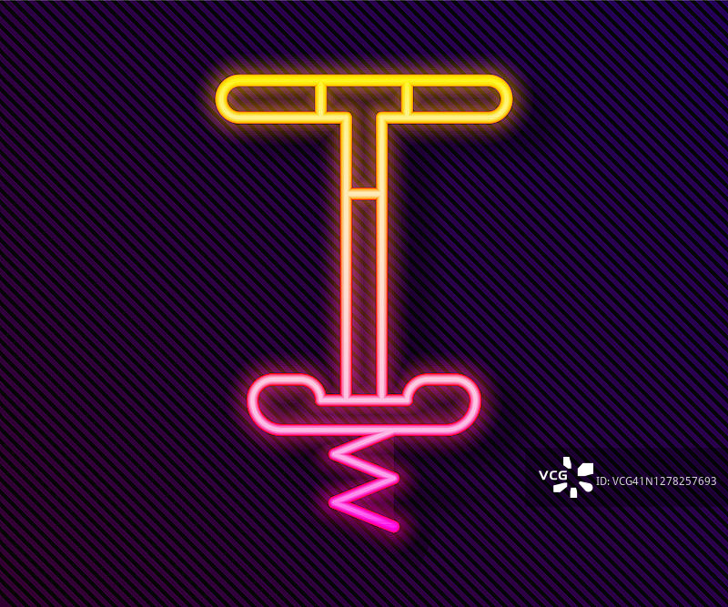 黑色背景上发光的弹跳杆跳跃玩具霓虹灯线条图标。矢量图图片素材