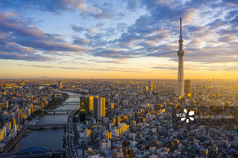 日出时分的东京城市景观与东京晴空塔图片素材