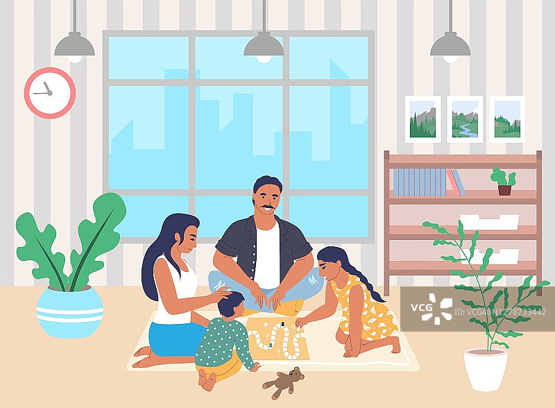 幸福家庭在地板上玩棋盘游戏，扁平矢量插画图片素材