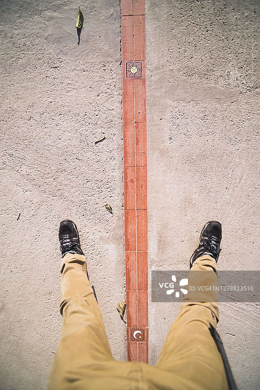 站在厄瓜多尔基多圣安东尼奥世界中心赤道线上图片素材