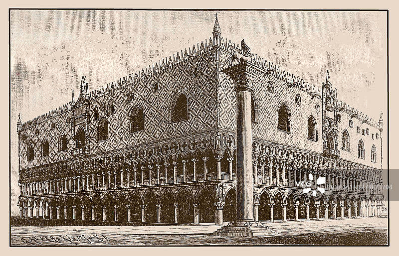 威尼斯总督宫与圣马可雄狮柱图片素材