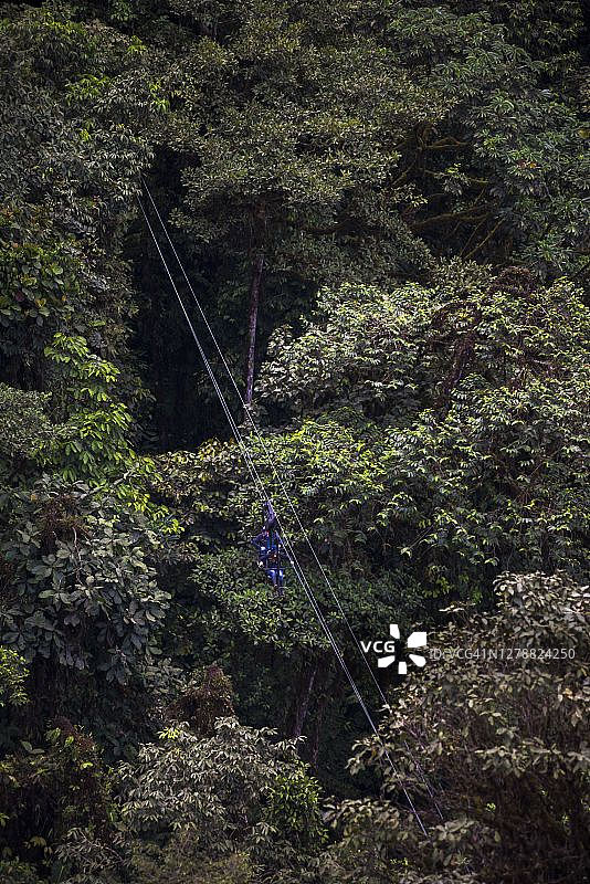厄瓜多尔乔科雨林：马什皮旅馆空中自行车上的两人图片素材