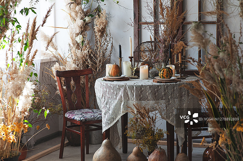 秋季万圣节风格餐桌布置，含蜡烛、蒲苇、芦苇和南瓜等乡村风元素图片素材