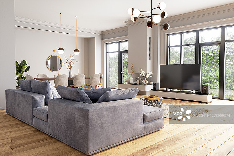 带电视和拼花地板的现代客厅和餐厅图片素材