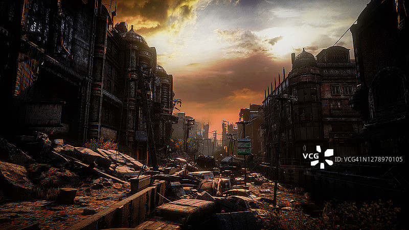 末日后的城市景观（黄昏/黎明）图片素材