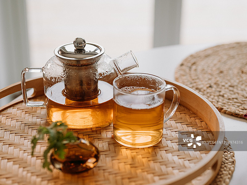 茶道：玻璃杯与茶壶中的现泡茶图片素材