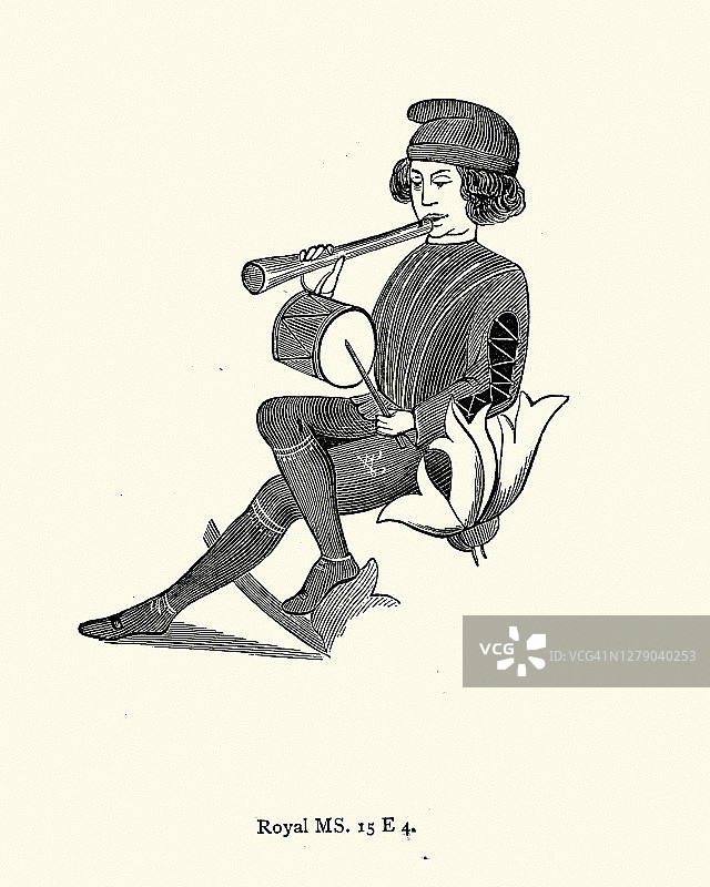 中世纪音乐家，单人乐队，管乐和鼓图片素材