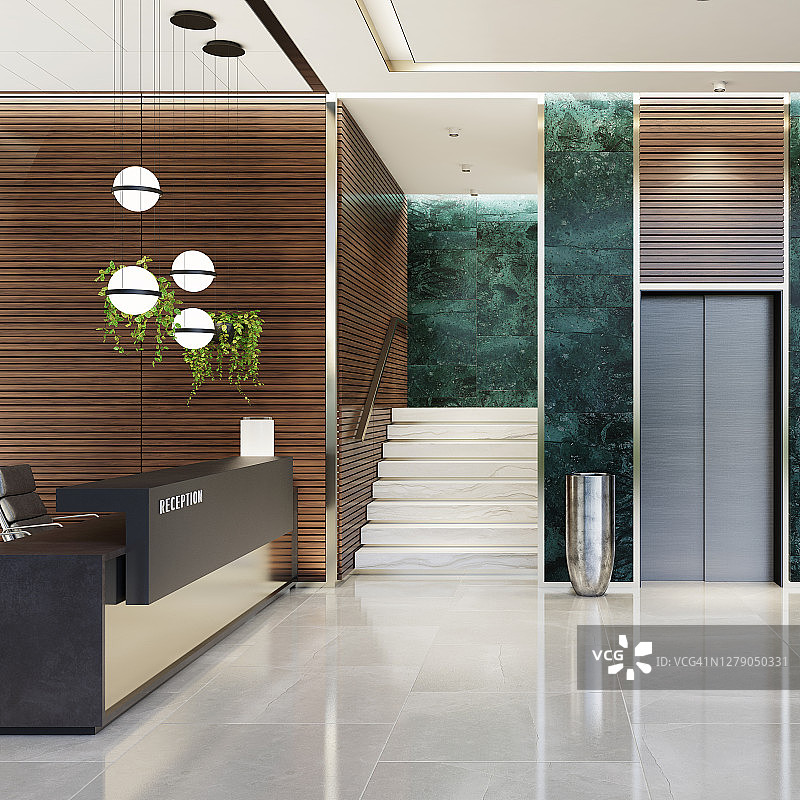 现代办公室大堂内部，配有电梯、楼梯和长接待台图片素材