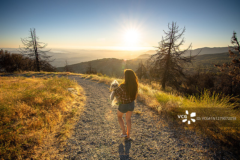 在美国加州伊迪怀德走路 carrying dog图片素材