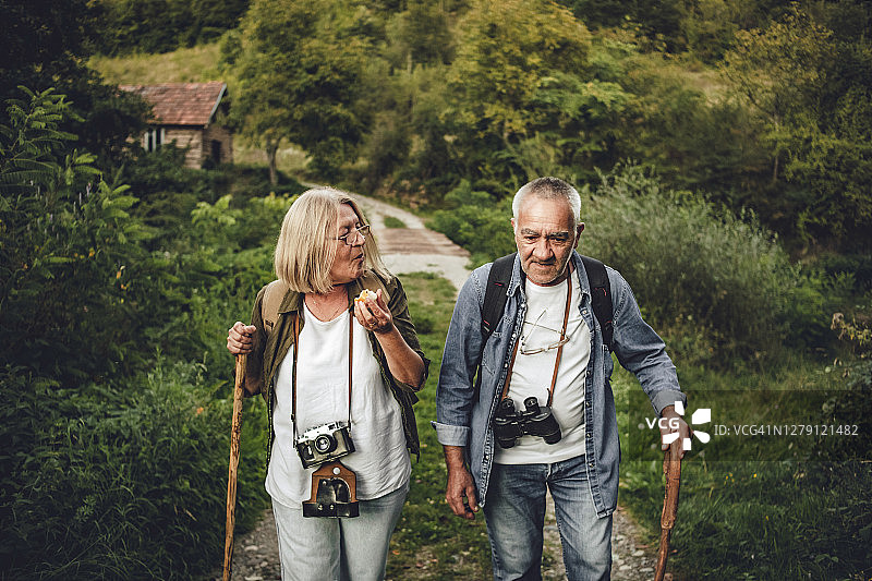 在自然中散步的老年夫妇-一对快乐的老年夫妇在美丽的健康小路上享受他们的假期图片素材