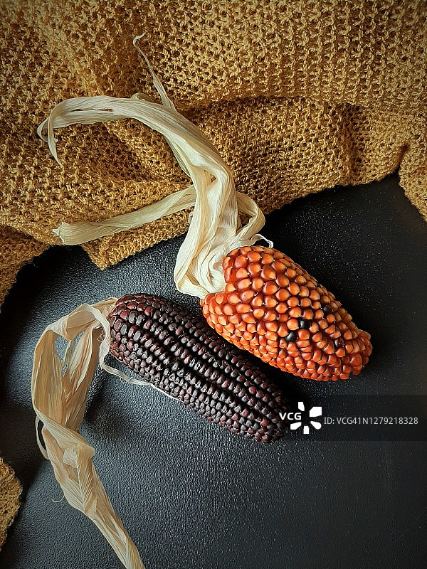 黑色背景上的干燥玉米芯图片素材