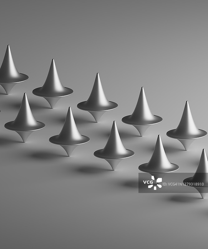 一排排金属旋转陀螺的3D渲染图图片素材