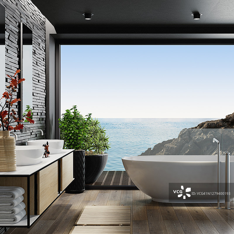 豪华公寓浴室内部，配有大型全景窗和板岩石背景墙图片素材