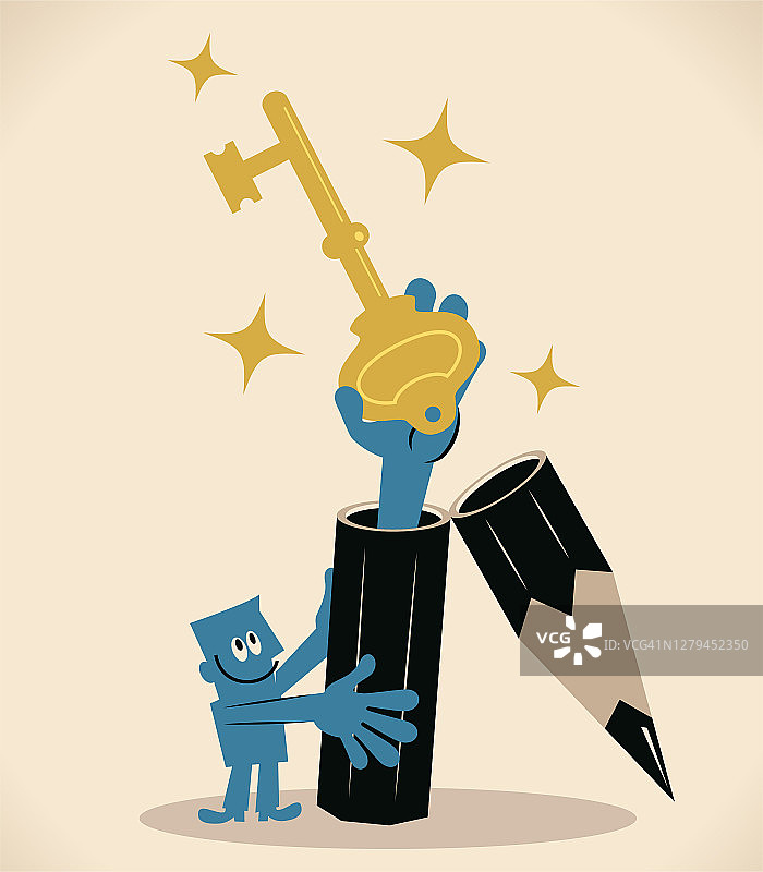 作家（编辑、翻译）的写作生涯：打开的铅笔中伸出一只手，拿着一把大钥匙；写作成功的关键图片素材