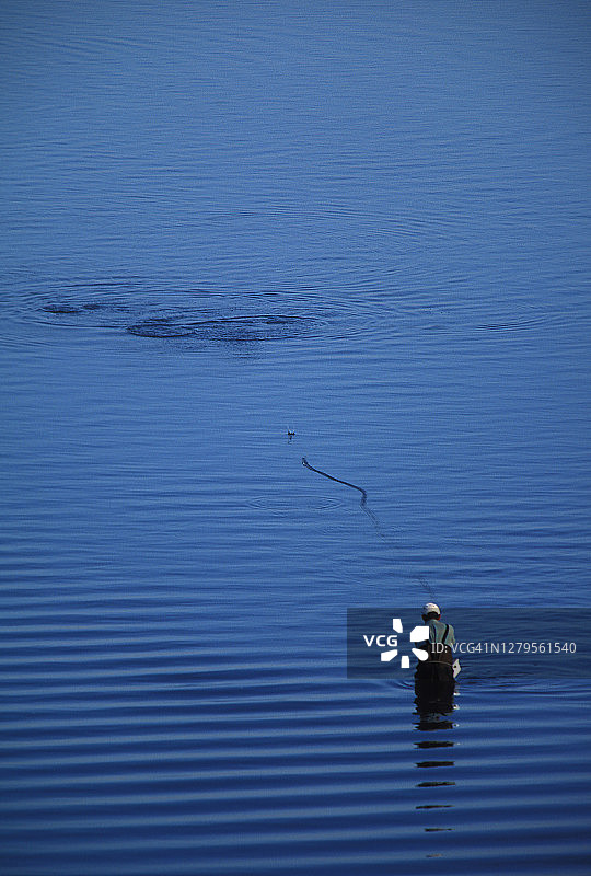 在伊普斯威奇马萨诸塞州鹰山河，飞蝇钓鱼者在条纹鲈鱼觅食的水中抛竿图片素材