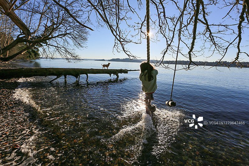 在班布里奇岛海岸线的绳索秋千上荡秋千的女孩图片素材
