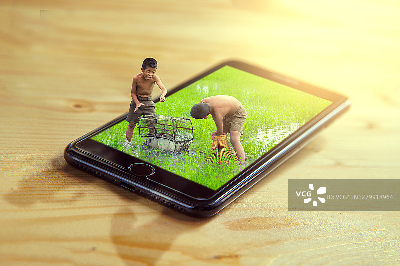 亚洲儿童农民在稻田中捕鱼，手机3D技术图片素材