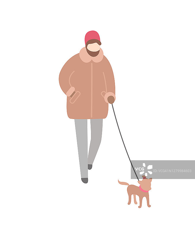 穿着冬季保暖服装遛狗的女人图片素材