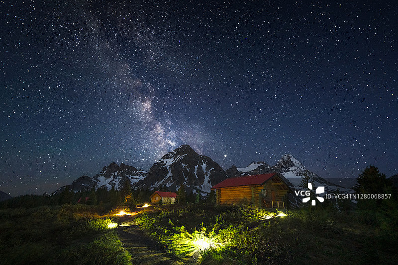 阿西尼博因山省立公园的阿西尼博因山小屋与银河，加拿大，不列颠哥伦比亚省图片素材