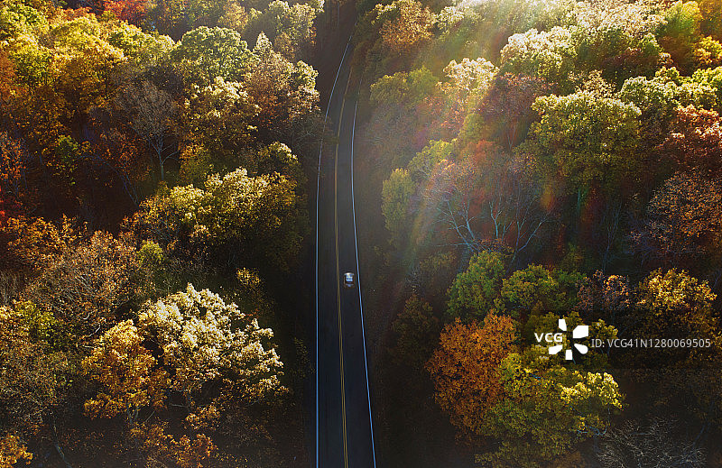 镜头光晕与汽车道路秋季曲线图片素材