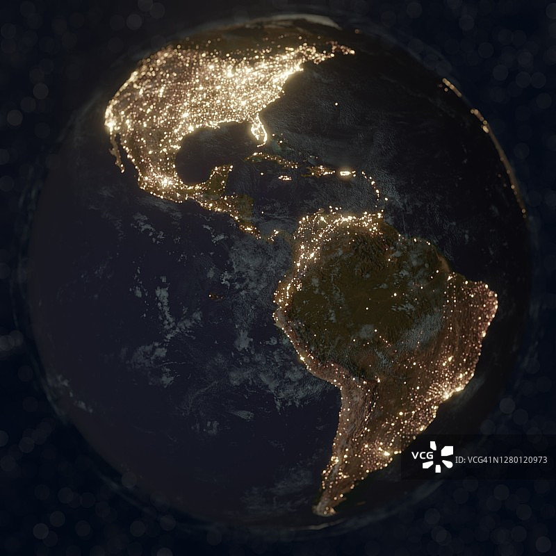 夜间地球：城市灯光与散景，美洲上空的云层图片素材