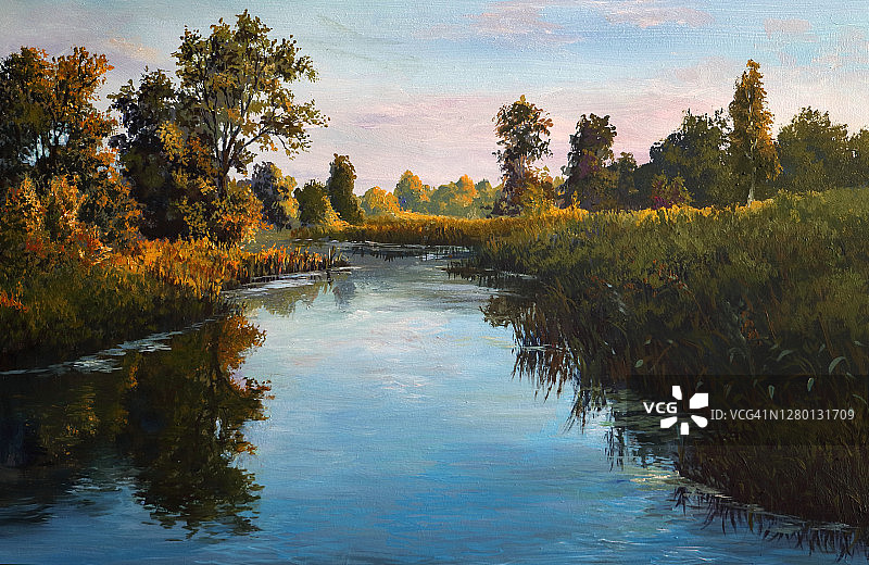 夏日傍晚的平静河流油画图片素材