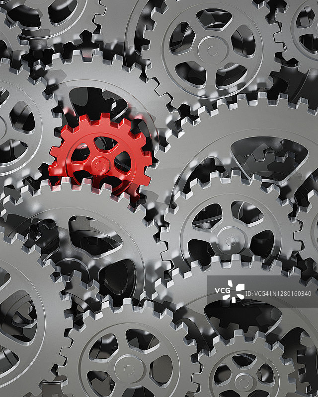 相互连接的金属齿轮，一个为红色图片素材