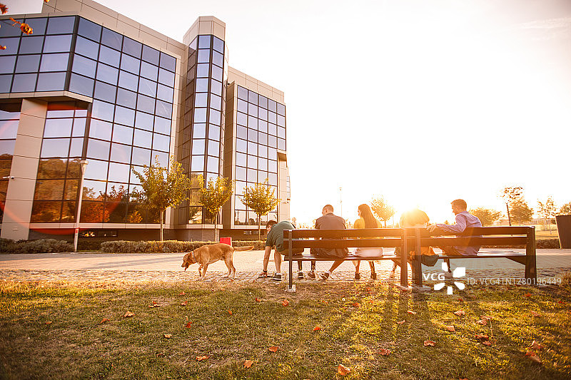 人们带着狗坐在长椅上的广角照片图片素材