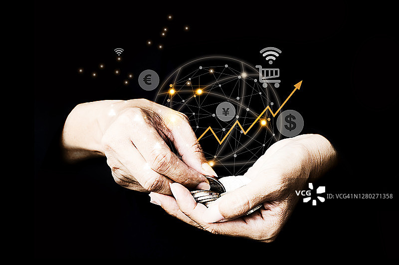 数字在线营销商务销售理念：购物和带有图形图标多渠道在线的图标客户网络图片素材