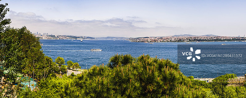 博斯普鲁斯海峡，左侧为欧洲伊斯坦布尔，右侧为亚洲伊斯坦布尔，土耳其伊斯坦布尔，东欧图片素材