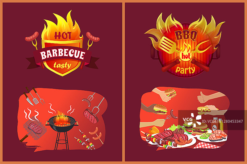 烧烤派对火焰美食标志套装图片素材