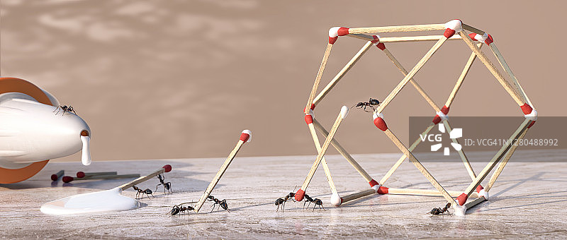 蚂蚁用火柴棍和胶水组成三维几何雕塑图片素材